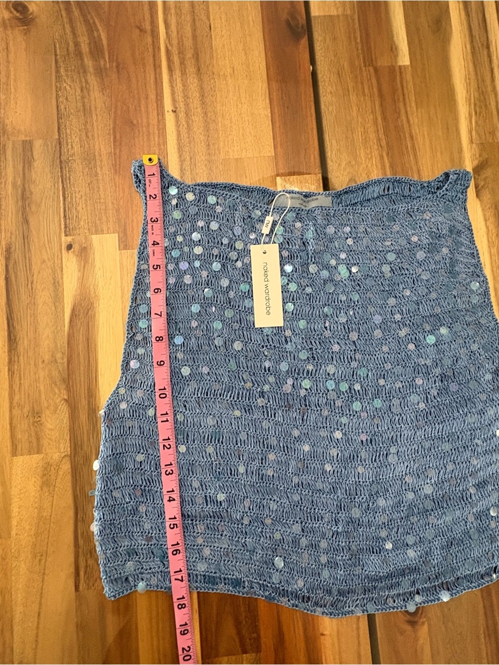 NWT Naked Wardrobe Sz XL Blue Sequin Crocheted Boat Neck See Through Crop Top - Picture 5 of 10